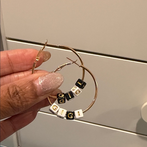 Jewelry - Customized Gold Hoop name or initials  Black and White Beaded earrings